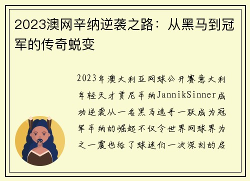 2023澳网辛纳逆袭之路：从黑马到冠军的传奇蜕变