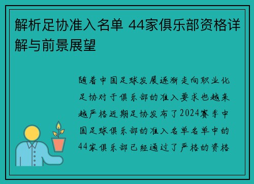 解析足协准入名单 44家俱乐部资格详解与前景展望