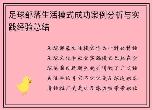 足球部落生活模式成功案例分析与实践经验总结